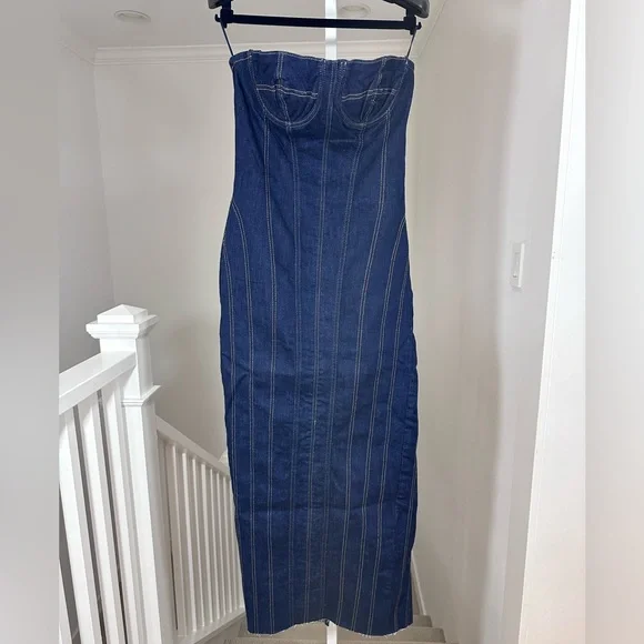 NWT Zara Blue Denim Midi Bustier Corset Party Dress Medium - Picture 8 of 16